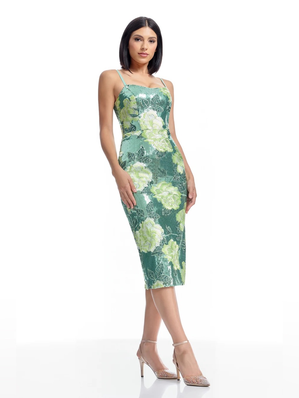 Dress the Population Green Floral Sequin Midi Dress